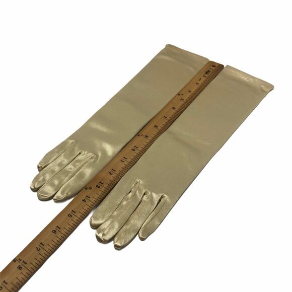 VINTAGE 15" Length 90's Gold Satin Gloves Stretchy Elbow D09 - Picture 3 of 4